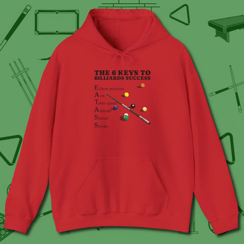 6 Keys to Billiards Success (E.A.T.A.S.S.) Hoodie, front view, in Red dress for the shot you want to take